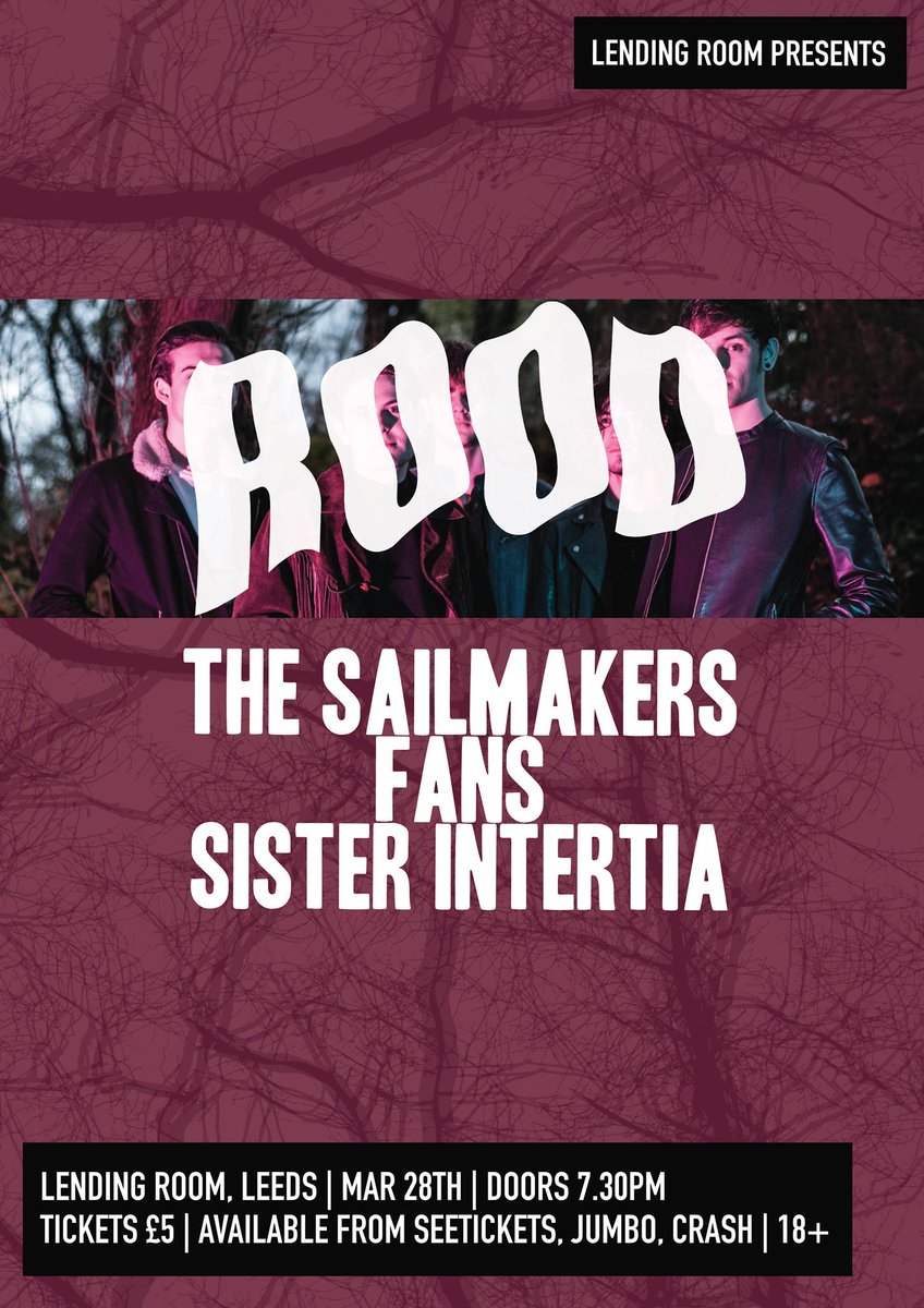 NEW SHOW // <a href="/ROODuk/">ROOD</a> 

plus <a href="/thesailmakers/">The Sailmakers</a> <a href="/thisisFANS/">F A N S</a> 

28 March (it will be huge)

seetickets.com/tour/rood-supp…