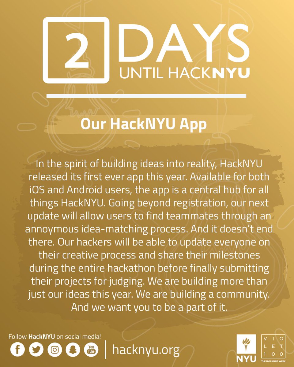 HackNYU's tweet photo. 2⃣ DAYS LEFT UNTIL HACKNYU! Stay tuned for our app updates that will make #HackNYU the ultimate experience! #hackfax 💡📲 https://t.co/NrO0cqw11A