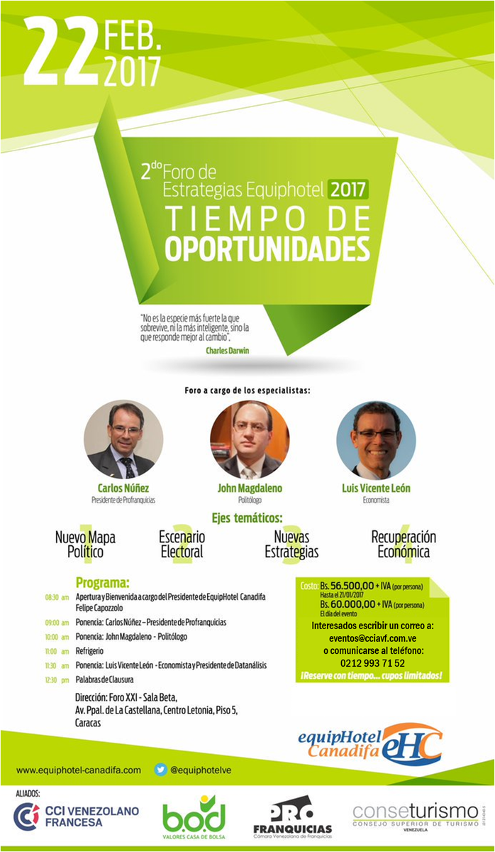 Nos complace invitarlos al Foro de Estrategias <a href="/EquipHotelVe/">EquipHotel Venezuela</a> 2017: Tiempo de Oportunidades ¡Te esperamos!