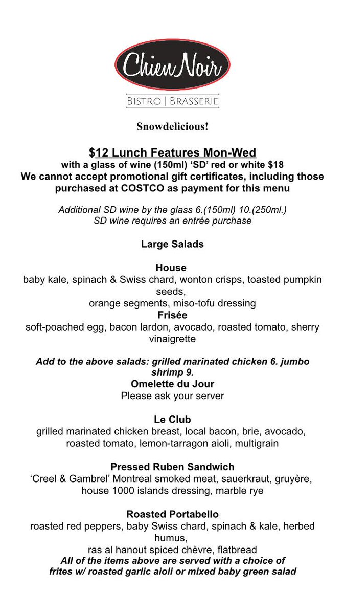 ChienNoirBistro's tweet photo. #Snowdelicious is back on today! Enjoy these $12 lunch items #ygk https://t.co/diWqAcVYau