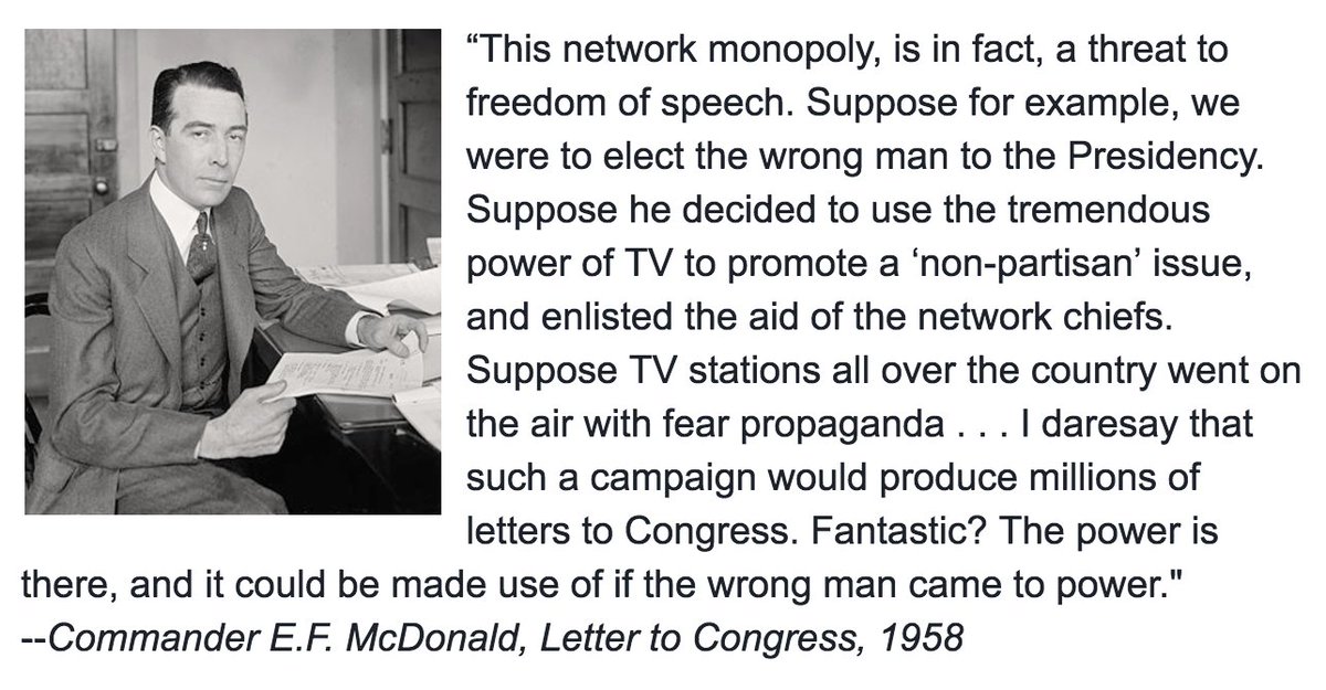 Months before his death in 1958, Zenith president E.F. McDonald wrote Congress about the need for independent TV as a check against power.