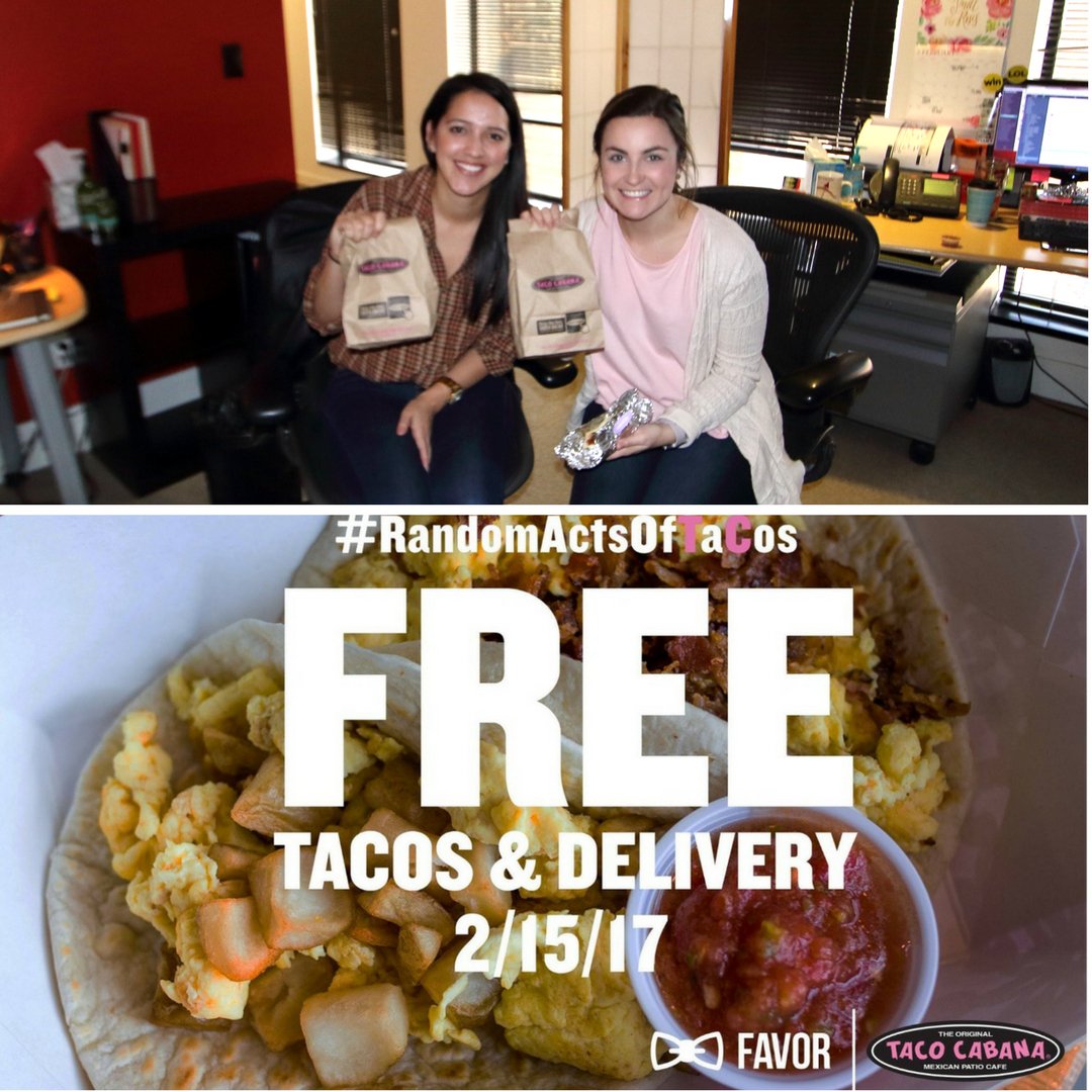 SouthwestMedia's tweet photo. Just got these FREE breakfast tacos from @TacoCabana delivered to us via the @Favor app. There's still time to get you some, too! https://t.co/hI1XsBYMUJ