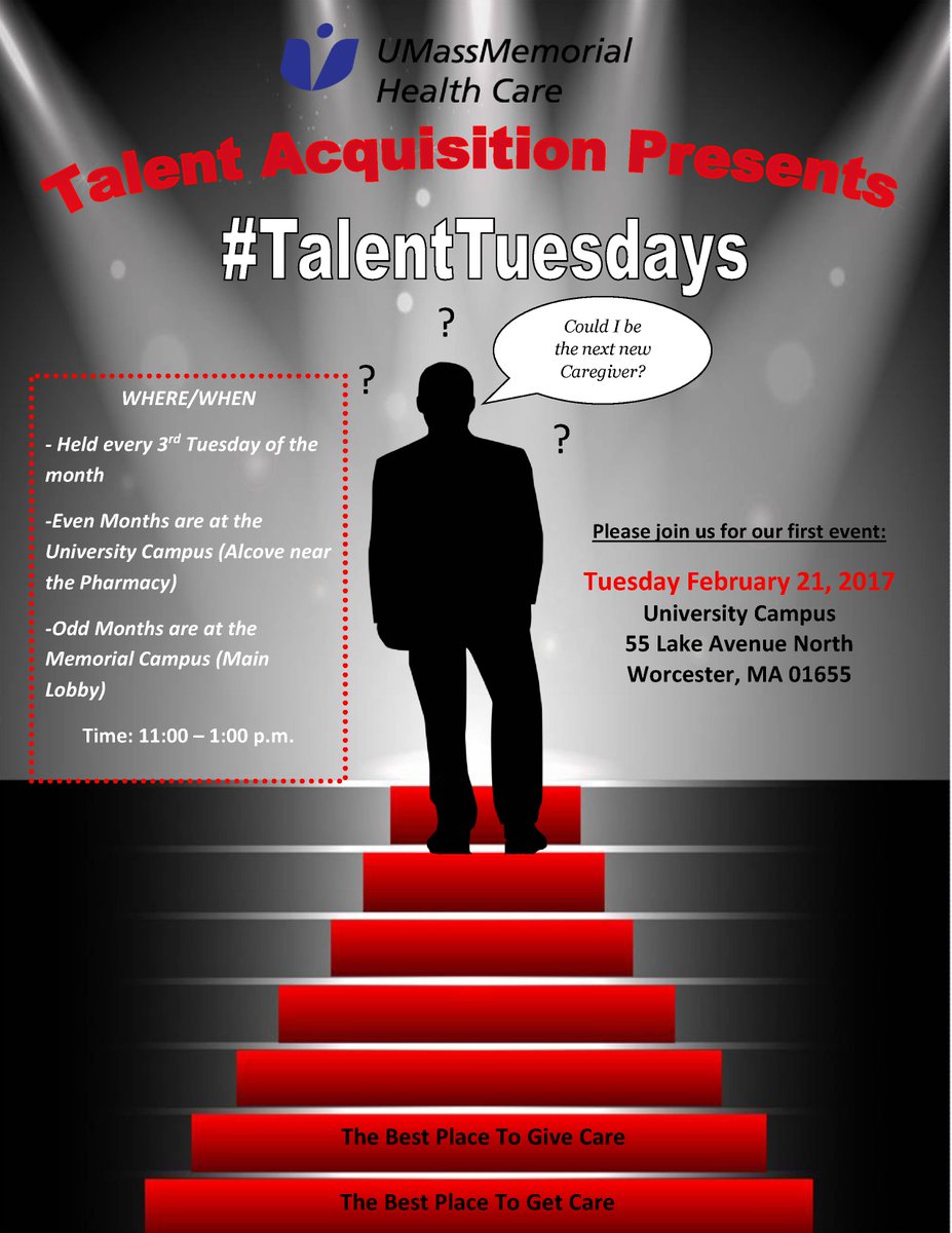 UMassMemorialhr's tweet photo. Want to apply for a job at UMass Memorial? Come meet our hiring team on Tues 2/21 from 11 to 1 at the University Campus for #TalentTuesdays https://t.co/N0iyvpxWm0