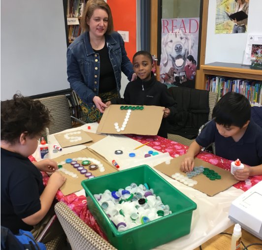 readers_go's tweet photo. Bottle cap art today during our unit on "What are inventions &amp; why do they matter?" Next up, H20 bottle, propelled cars...#fcpslibchat https://t.co/c0W6FsPPRr