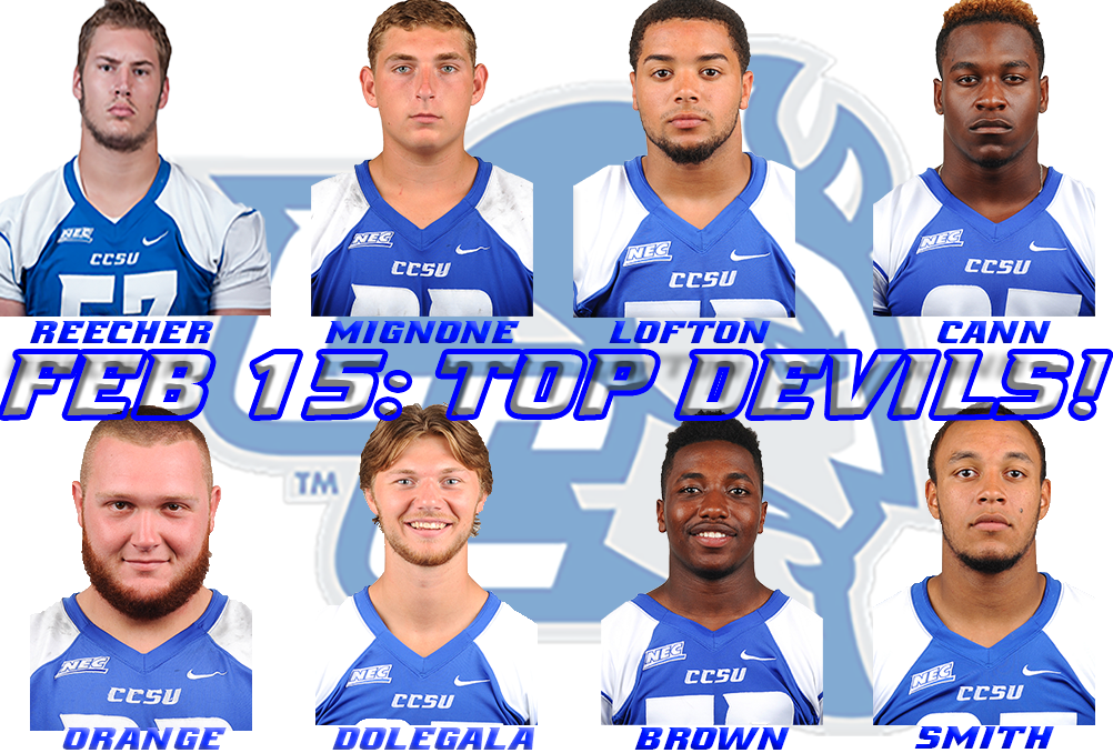 CCSUfootball's tweet photo. These EIGHT Blue Devils were on TOP of their game today! #TopDevils https://t.co/MREwWAB8hn