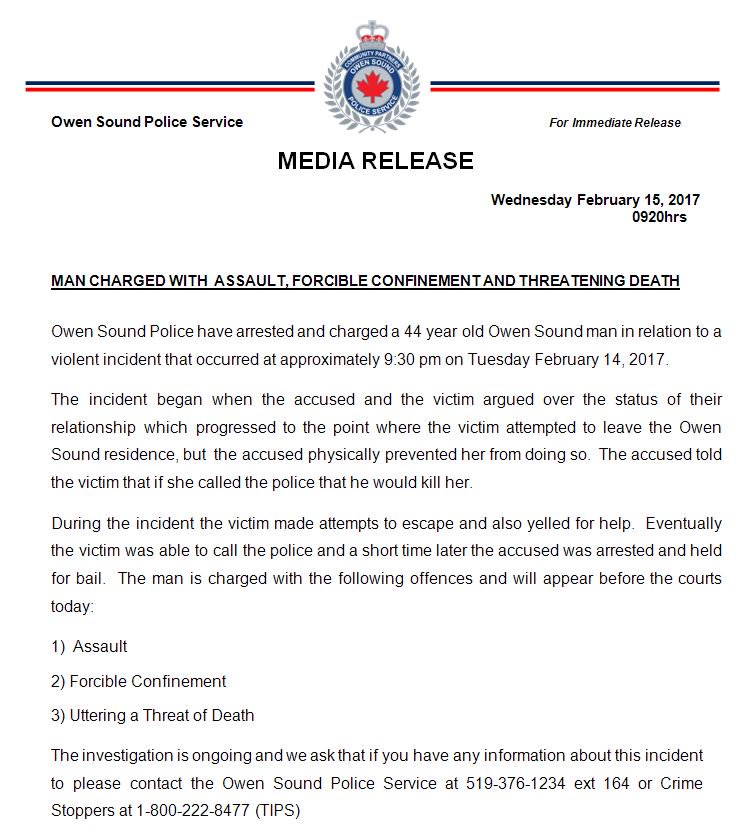 OwenSoundPolice's tweet photo. #MEDIARELEASE Wednesday February 15, 2017 #ForcibleConfinement #Assault #ThreatenDeath #160yrsOSPS https://t.co/RvqWhQ9268