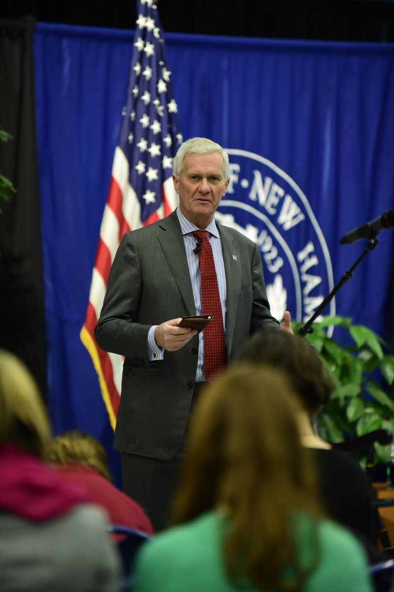 UofNH's tweet photo. President @MarkHuddleston opens up the #UNHForum thanking essential staff for their hard work during the recent snowstorms. ❄️ https://t.co/SQGBuiWVYU