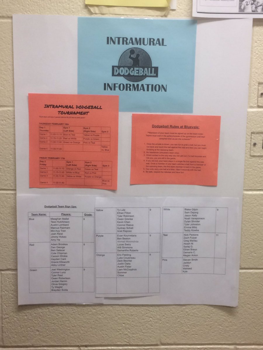 Dodgeball teams and schedules are now posted in the gym hallway!!!! Games start tomorrow at 11