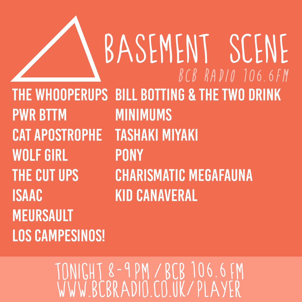 We're on <a href="/bcbradio/">BCB 106.6fm</a> tonight 8-9pm with new tracks from <a href="/PWRBTTMBAND/">clare</a>,<a href="/cxmxfx/">Charismatic Megafauna</a>,<a href="/thewhooperups/">The Whooperups</a> &amp; all the acts shown! bcbradio.co.uk/player