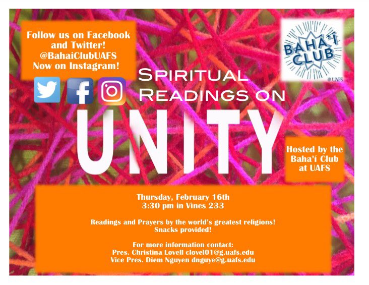 BahaiClubUAFS's tweet photo. Don't forget tomorrow's meeting at 3pm in Vines 233! https://t.co/MOJ47yxFJi