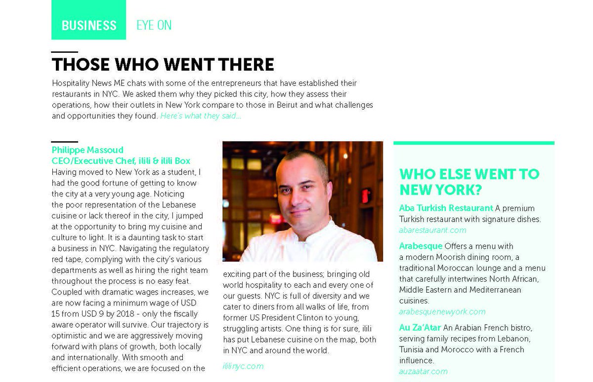 Our CEO, Philippe Massoud is recognized in Hospitality News Middle East #ililinyc #HospitalityNewsME #lebanesefood