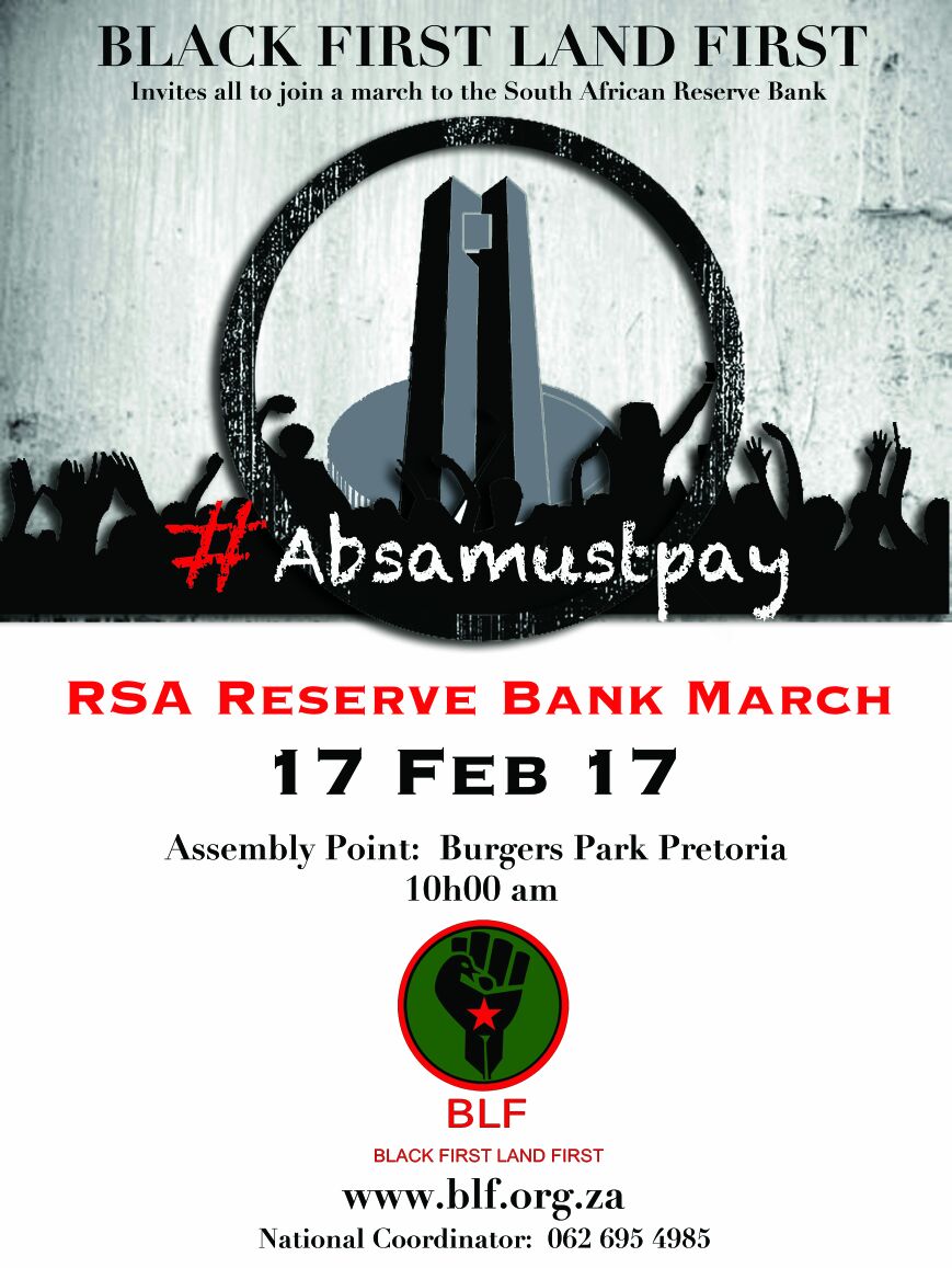 KSeagiso's tweet photo. NB: Assembly point for Friday March has been changed to Burgers Park. #AbsaMustPay https://t.co/rvT263phzE