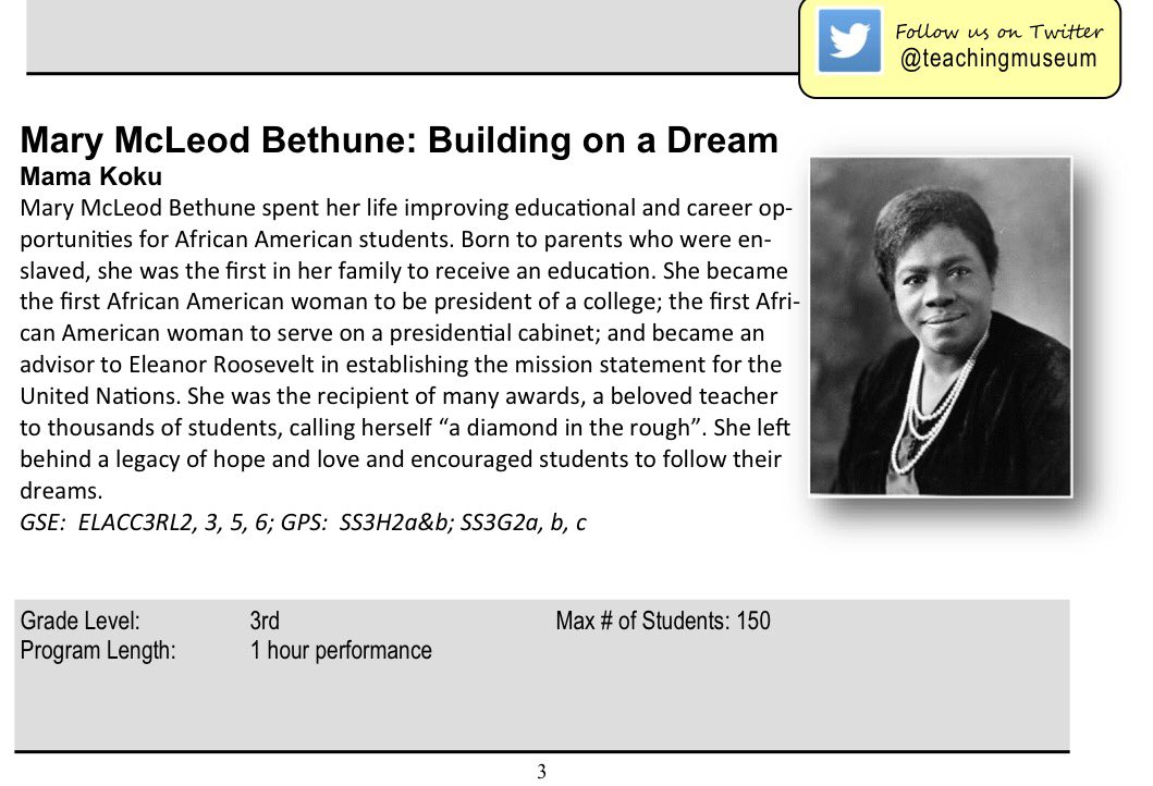 youngeducator30's tweet photo. Third graders enjoyed learning about Mary McLeod Bethune through a reenactment by the @teachingmuseum @DunwoodySprings https://t.co/iHWokfKQdw