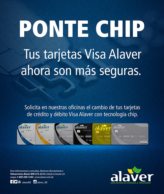 alaverRD's tweet photo. #PonteChip
Tus tarjetas de crédito y débito de Alaver poseen una tecnología más segura https://t.co/jPvTs1yRVr