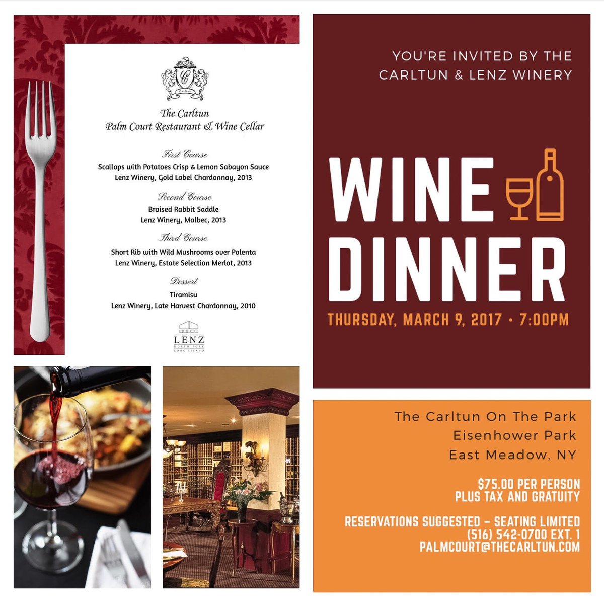 Join us Thursday, March 9th, 2017 for a delicious wine dinner with The Palm Court Restaurant at the Carltun in East Meadow, NY.