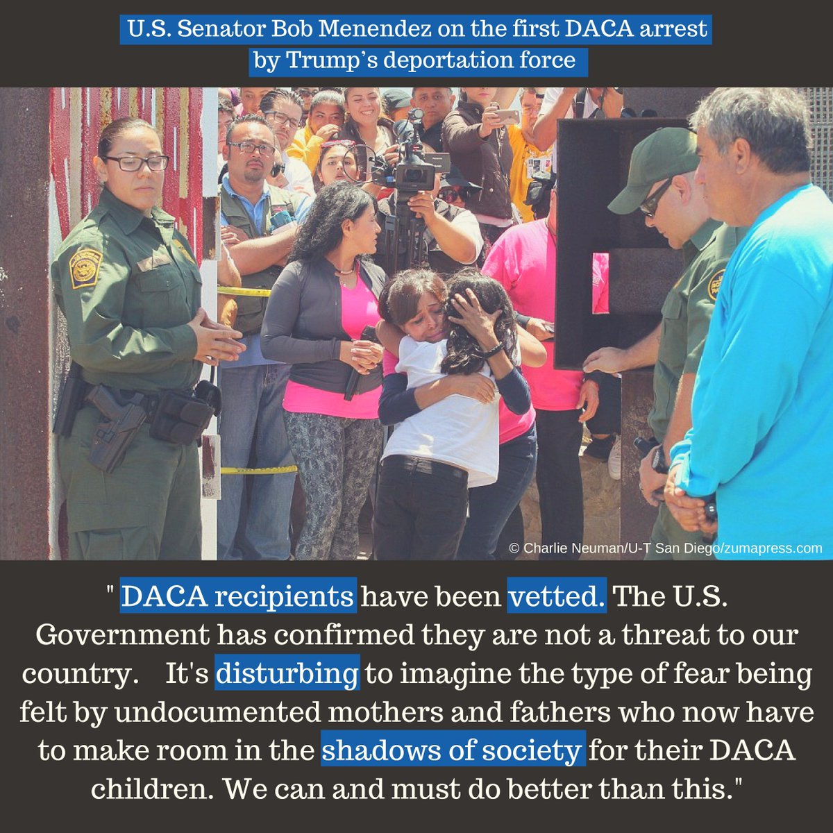 SenatorMenendez's tweet photo. Retweet if you agree: It's wrong to arrest DACA-recipients like Daniel Ramirez Medina, who came here at age 7 &amp; has no crim record #SaveDACA https://t.co/24VIXuGPx4