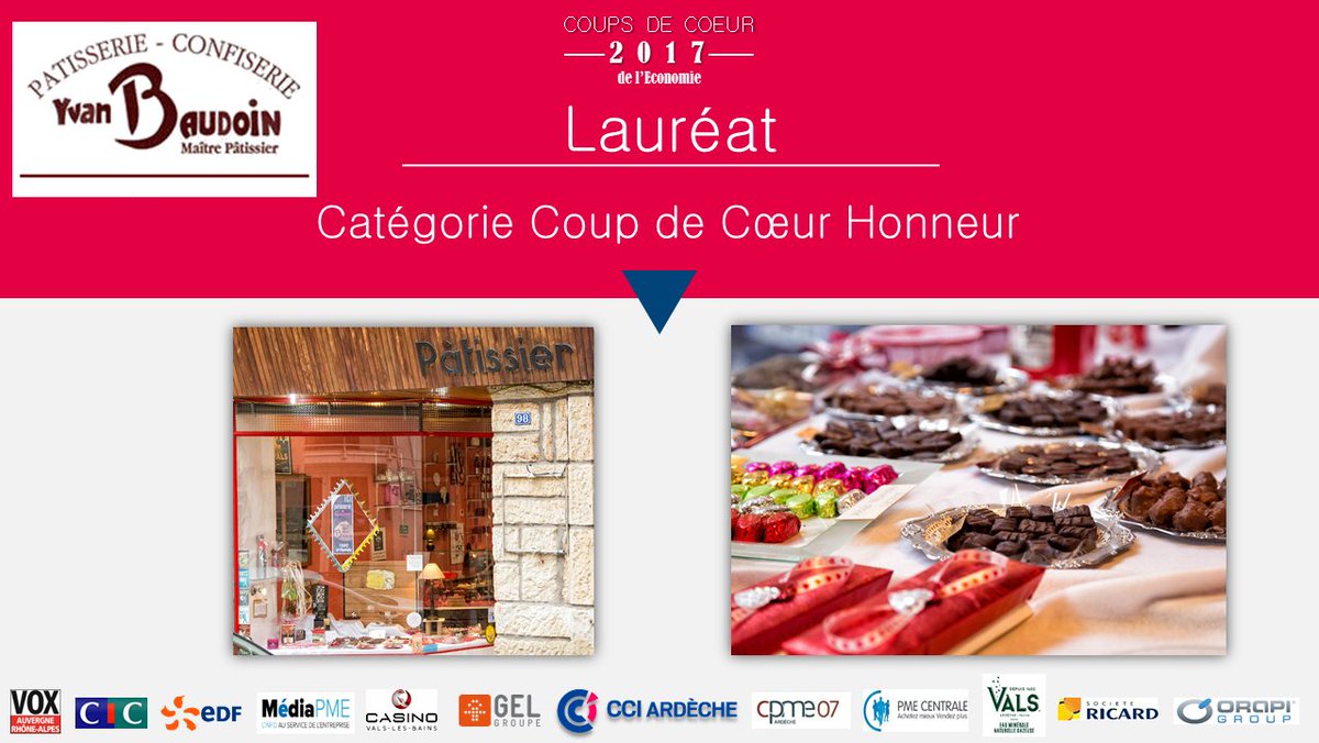 Le Coup de Cœur d'Honneur est remis par Marie-Pierre Curinier, Présidente de <a href="/EauDeVals/">Eau de Vals</a> à la pâtisserie Yvan Baudouin