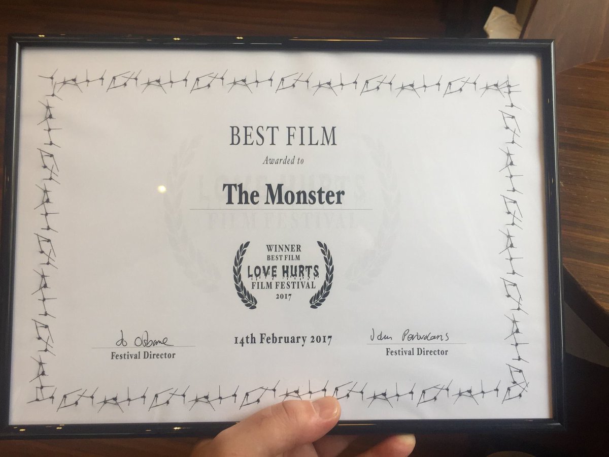 TheMonsterFilm's tweet photo. Two more awards for The Monster this week! @lovehurtsfest  @freedomfilmfest @RichardDGlover @helen_george @BobPipe @WrenJR @SimonCotton5 https://t.co/3W1VDgBIyh