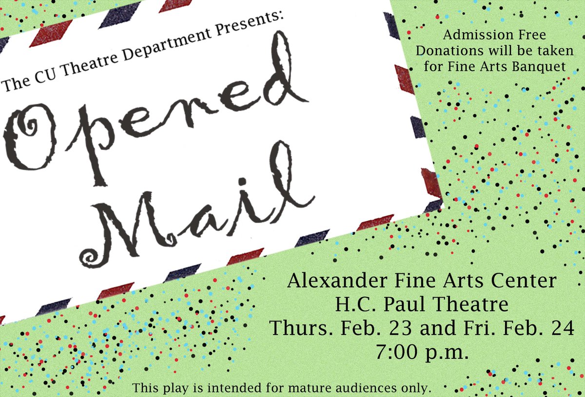 CUPRworkshop's tweet image. Opened Mail takes place Thursday, Feb 23 and Friday, Feb 24 @ 7 P.M. It's a reader's theatre play! It'll be a fun time.