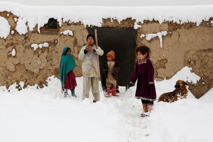 أطفال أفغان مشرّدين في بلادهم بسبب الاحتلال، يقفون أمام "منزلهم المفترض" وسط تساقط الثلوج في #كابل 5 فبراير 2017
