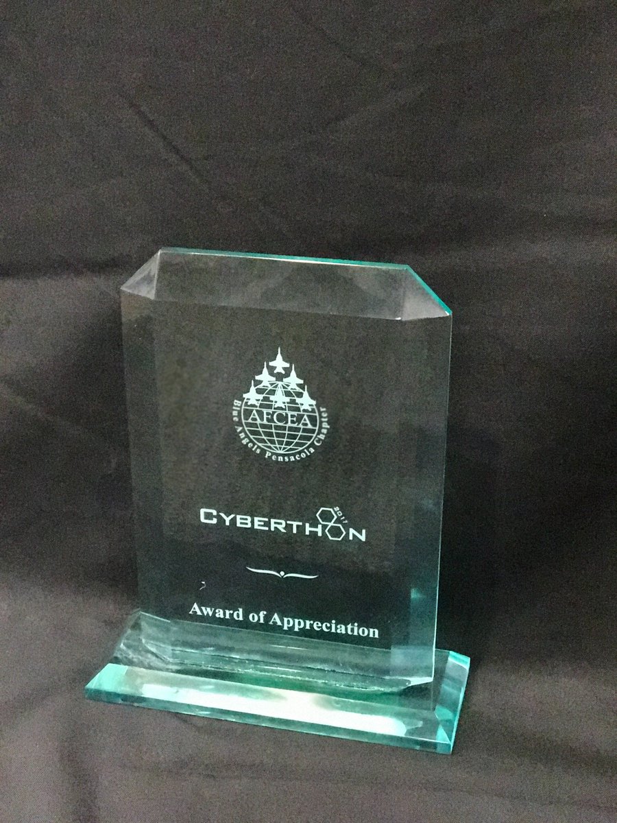 AugustSchell's tweet photo. Thanks @CyberThonPcola for having us, and thanks @AFCEA for the recognition! Looking forward to more #CyberSecurity events in the future. https://t.co/qdUrYWhT4C