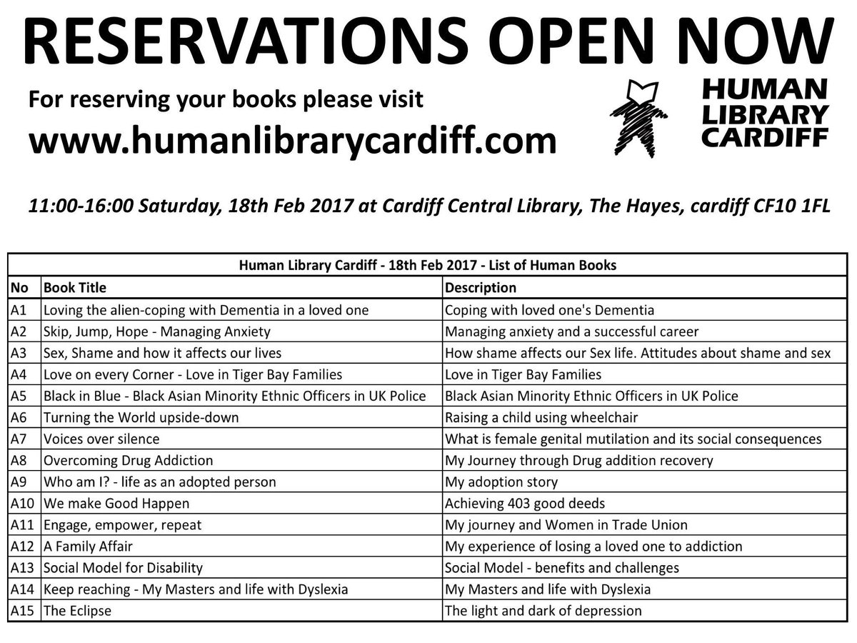 Reservations open now, visit humanlibrarycardiff.com