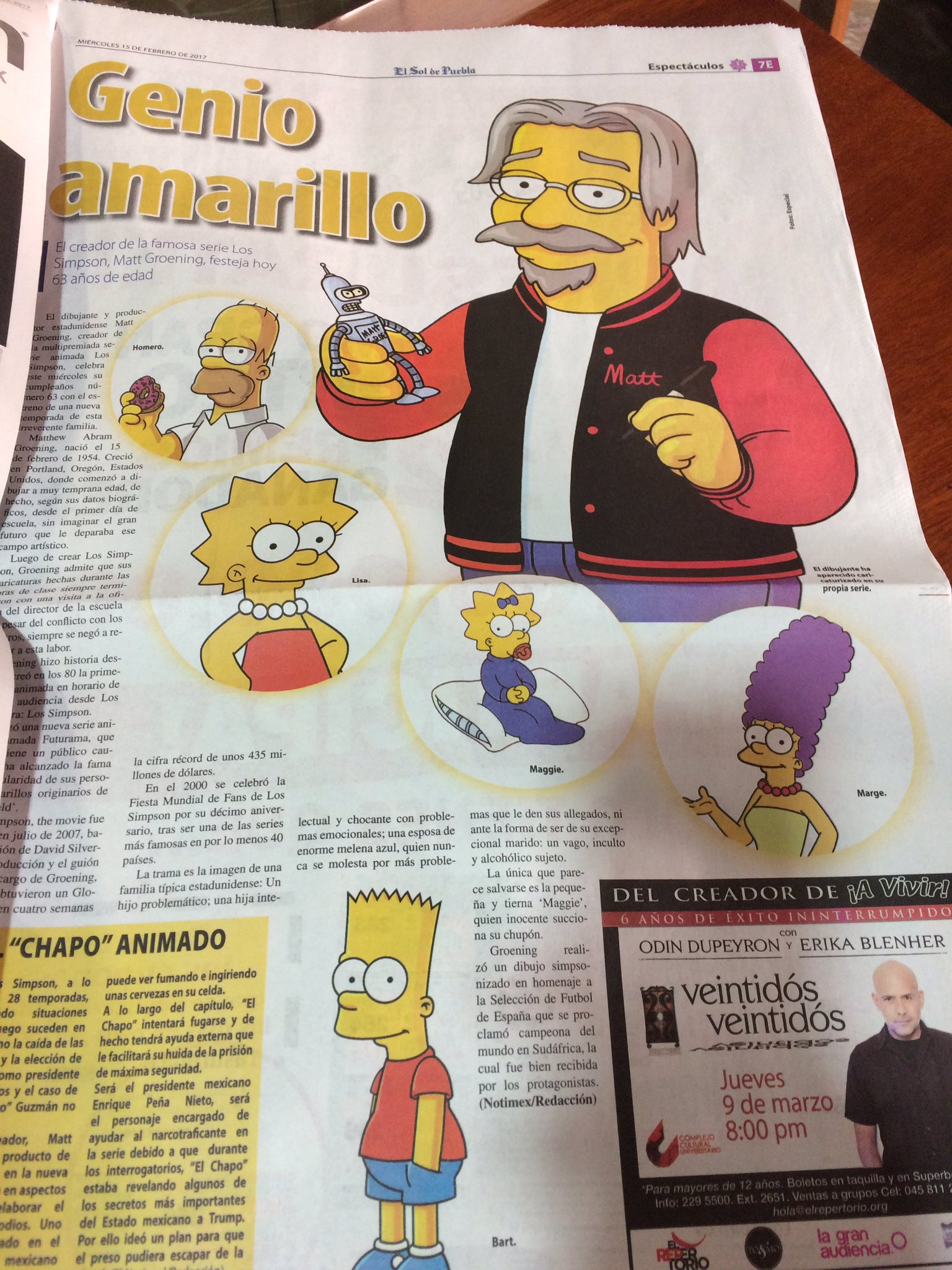 Happy Bday 4 the one & only Matt Groening. Thanks 4 Today printing on  
