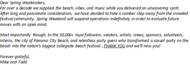 Goodbye <a href="/SpringWeekend/">Spring Weekend</a>.