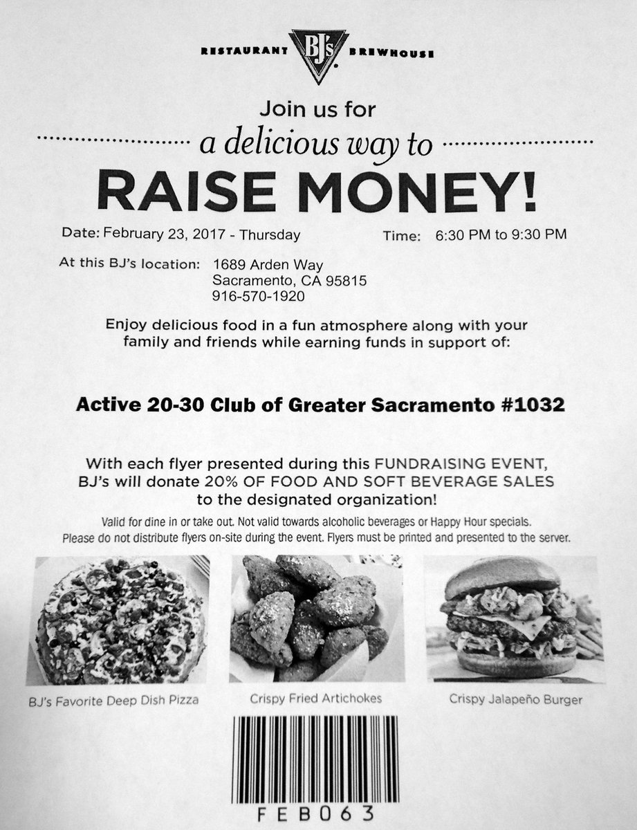 Active20301032's tweet photo. Dine out 2/23/17 at BJ's Restaurant on Arden. PDF copy at https://t.co/dkXXZ9VprM Anyone can participate! #Active2030 #Sacramento #nonprofit https://t.co/6qtjFrClQh