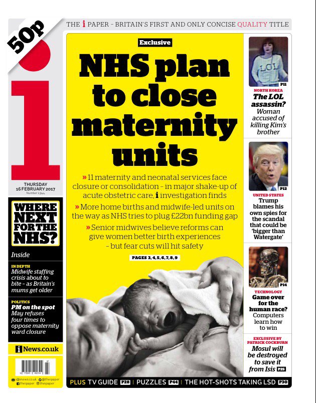 BBCNews's tweet image. Thursday's i: "NHS plan to close maternity units" (via @MsHelicat) #tomorrowspaperstoday #bbcpapers