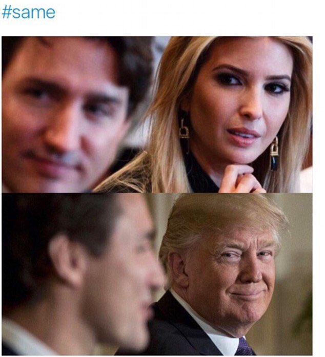 thejournalpost's tweet image. Internet goes wild for viral memes of celebrities from the Duchess of Cambridge to Ivanka Trump gazing longingly at Canadian PM Trudeau