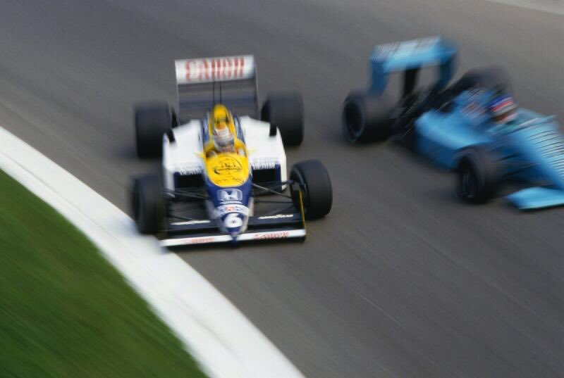 80s90sF1's tweet photo. Nelson Piquet trying an audacious overtaking manoeuvre. #f1 #80sf1 https://t.co/6Z4UPtHbIM
