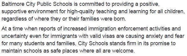 BaltCitySchools's tweet photo. Statement on schools as safe places where all are welcome: https://t.co/u0MJhcDE6B https://t.co/T3hgQBpeoh