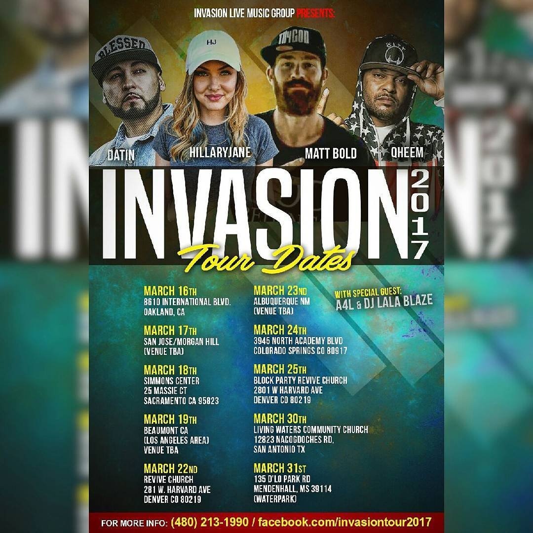 Datin_TripleD's tweet photo. Dātin × Hillary Jane × Matt Bold × Qheem The Redeemed "Invasion Tour 2017" See flyer for dates & cities #InvasionTour2017 https://t.co/MStOG8cPOi