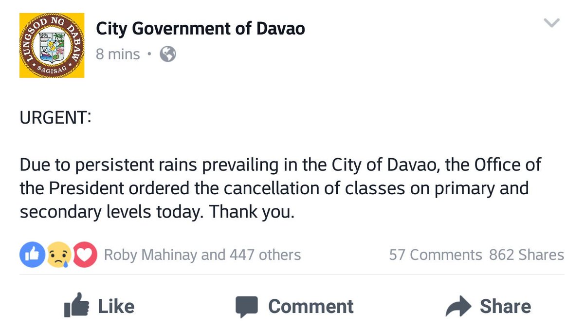 ADDU_Official's tweet photo. ADVISORY | Classes are cancelled for primary and secondary levels (JHS and SHS) today #walangpasok (via @DavaoCityGov) https://t.co/zTJrSpqlXL