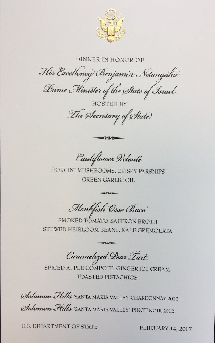 We're honored that <a href="/SolomonHills/">Solomon hills</a> wines were enjoyed at the Sec of State and Prime Minister Netanyahu's dinner in Washington last night.