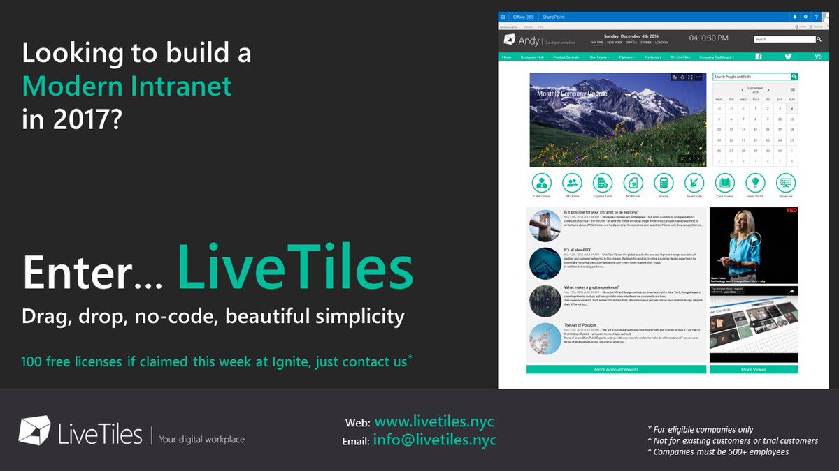 pnb_digital's tweet photo. #freeoffer Looking to deliver a modern #Intranet experience in 2017 for your users? Look no further - #LiveTiles = #happyusers #msauignite https://t.co/l15fBCeUQN