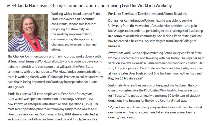WorkLion's tweet photo. Have you met Change Managment lead Janda Hankinson? She brings a wealth of #PennState experience to #WorkLion team
https://t.co/VKt1VIdATL https://t.co/5U7lEt0YKM