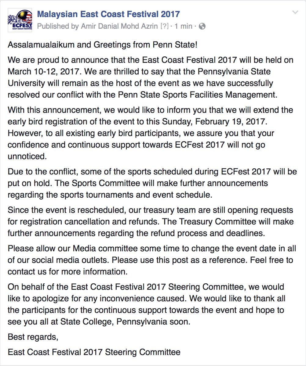 East Coast Festival on Twitter " ECFest2017 is set for March 10 12 2017 at the Pennsylvania State University Here is a snapshot of the announcement from
