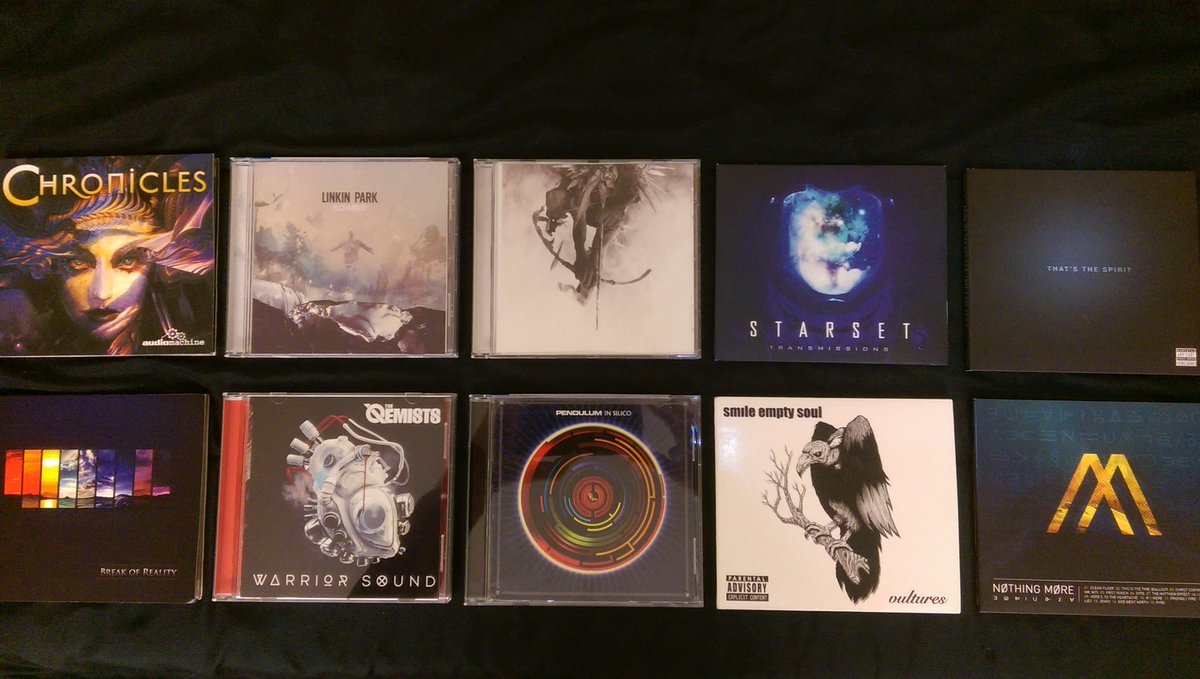 garanshelton's tweet photo. Yeah! Expanding the collection. #LinkinPark #NothingMore #Starset #TheQemists #Pendulum #SmileEmptySoul #BMTH #BreakofReality #Audiomachine https://t.co/C9JUaly3sB