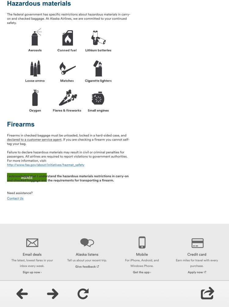 ace_cercone's tweet photo. @AlaskaAir did you know check-in on mobile does not allow you past this step? happens every time, don't have firearms, promise.. https://t.co/9qlaXpgCAG
