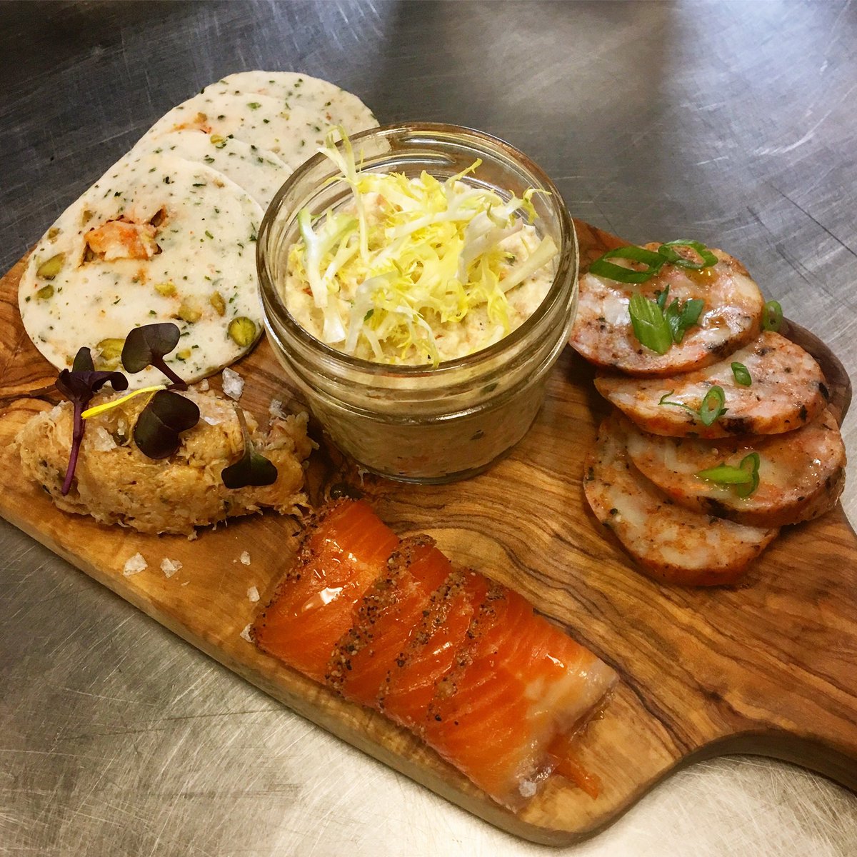 Chefkylebailey's tweet photo. Sword-tadella, potted shrimp, bluecat spread, smoked Arctic char and shrimp liguiça
Seafood charcuterie tests for @thesaltline
#fishwork https://t.co/2jbTdZNyBa