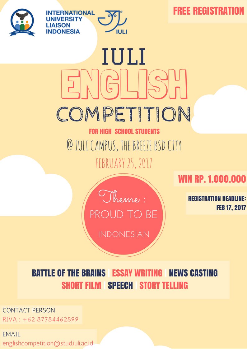 IULIndonesia's tweet image. #IULI akan mengadakan lomba bahasa Inggris, yuk yg mw ikutan. Silahkan check di iuli.ac.id/english-compet… ITS FREE! #bsdcity #lomba #english