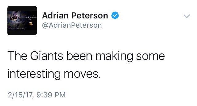 SportBlogNYC's tweet photo. Let the Adrian Peterson to the Giants rumors begin https://t.co/zRz196oWW3