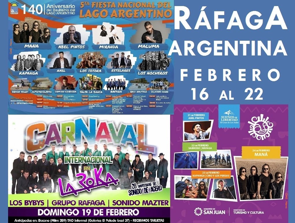 GlobalMusicAR's tweet photo. #RAFAGA del 16 al 22 #Febrero en #ARGENTINA @RTapari @omarrafaga @Ulisesrafaga @damianmorel @FiestadelLago @FiestadelSoLSJ #2tonos #GME https://t.co/rWIG0MZZdU