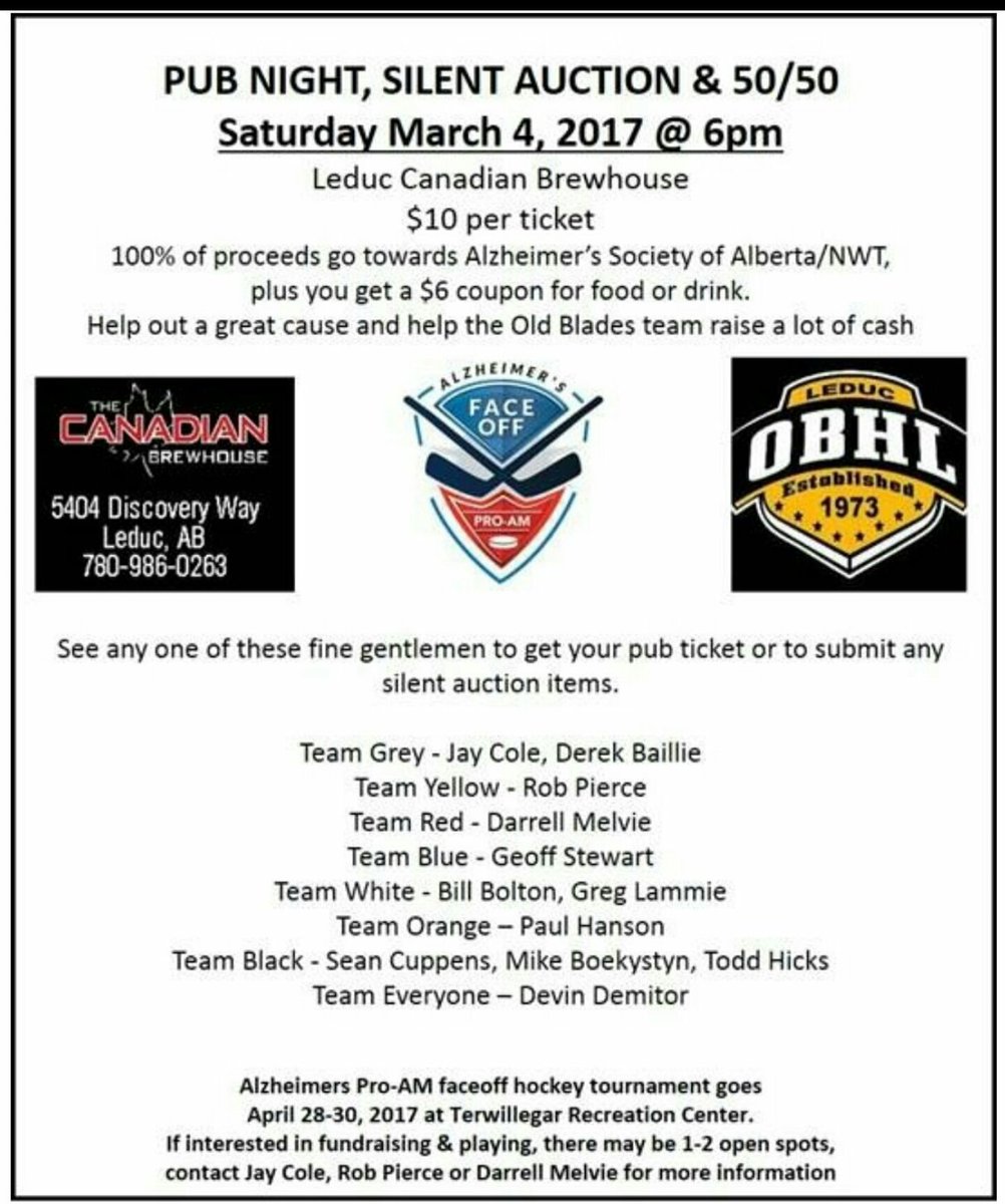 jaycole1977's tweet photo. Pub Night March 4 @ Leduc @TheCDNBrewhouse Silent auction,  50/50. $10/ticket, incl. a $6 coupon for food/drink. #Alzheimers @DementiaAB_NT https://t.co/u35MBBYIUw