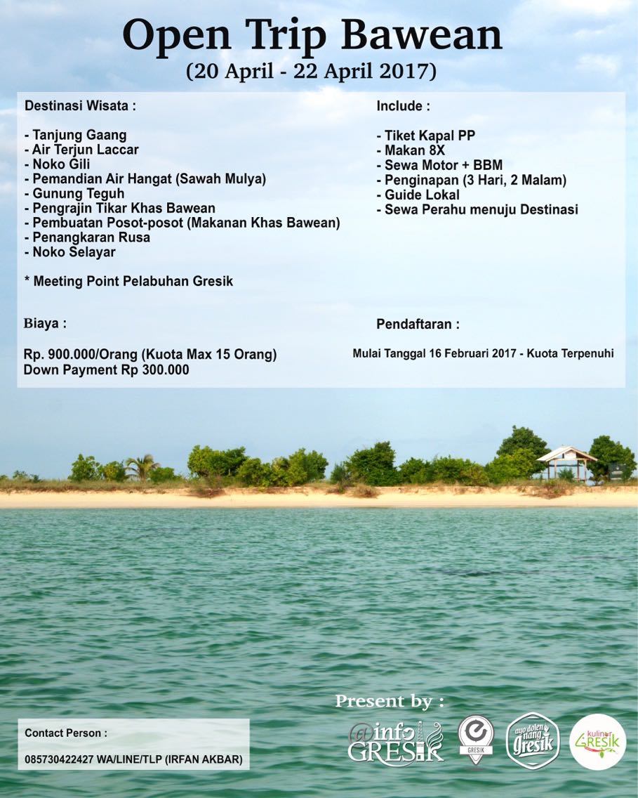 . <a href="/infoGRESIK/">info GRESIK</a> <a href="/exploregresik/">#exploregresik</a> <a href="/dolennangGRESIK/">ayo main ke Gresik!</a> bekerjasama dg <a href="/KelilingBawean/">Keliling Bawean</a> mengadakan Opentrip 20-22 April 2017. Selengkapnya Lihat poster