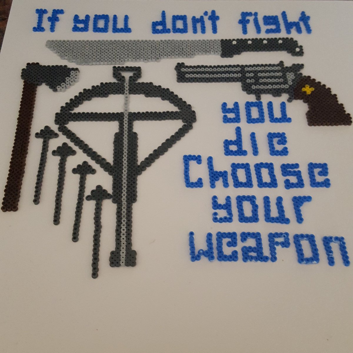 TandADesigns19's tweet photo. If you dont fight you die. Choose your weapon Walking dead mini hama bead picture #walkingdead #walkerstalkercon #weapons #minihamabeads https://t.co/lZlPk9H2ZS