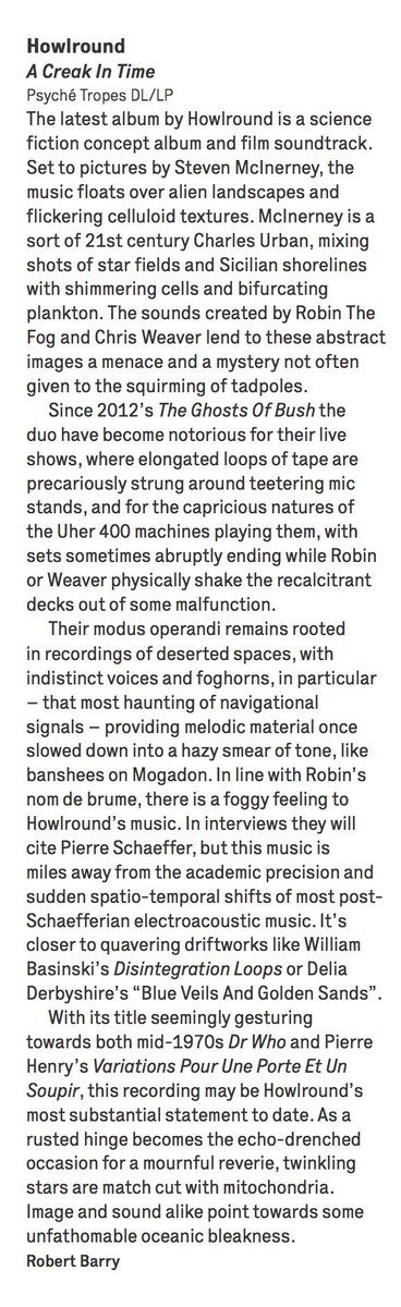 psychetropes's tweet image. review of @Howlroundmusic's soundtrack of A Creak In Time directed by Steven McInerney @merkabamacabre in issue 397 of @thewiremagazine