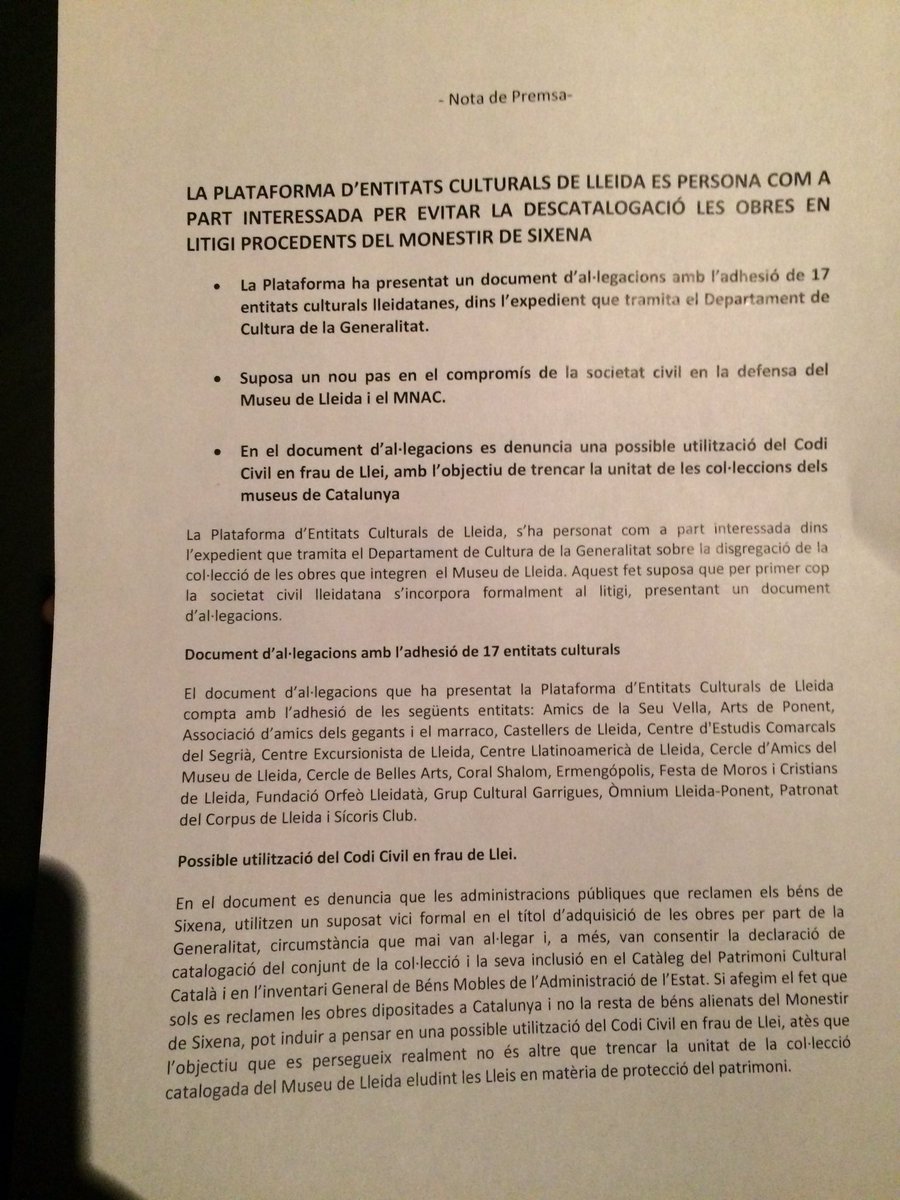 velasc_alberto's tweet photo. La @Plataformaecult es persona com a part interessada per evitar descatalogació d les obres de Sixena. La societa civil, en moviment! https://t.co/SzrtYcEMTy